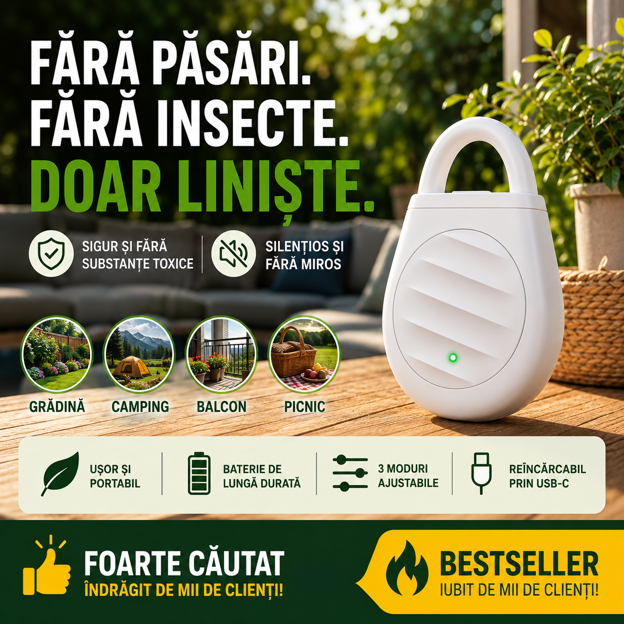 Repelent Ultrasonic 2-în-1 pentru Păsări și Insecte