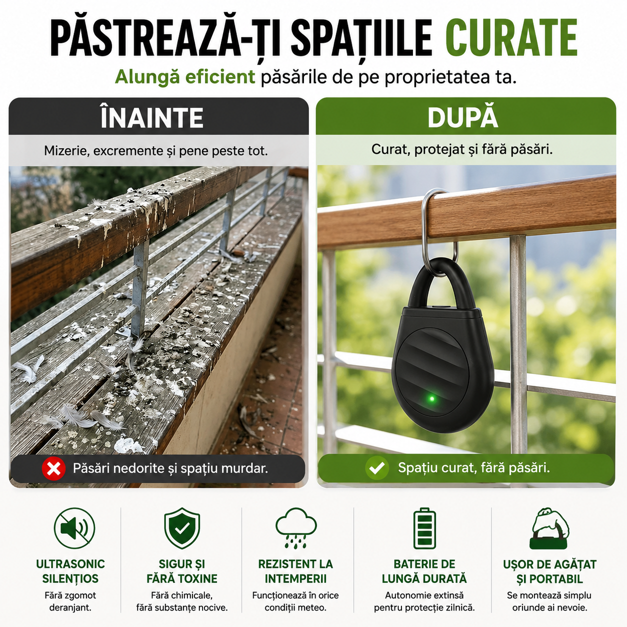 Repelent Ultrasonic 2-în-1 pentru Păsări și Insecte