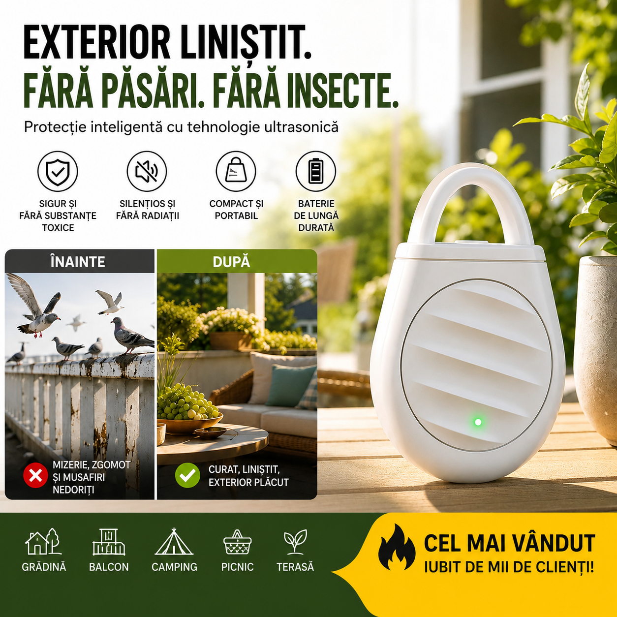 Repelent Ultrasonic 2-în-1 pentru Păsări și Insecte